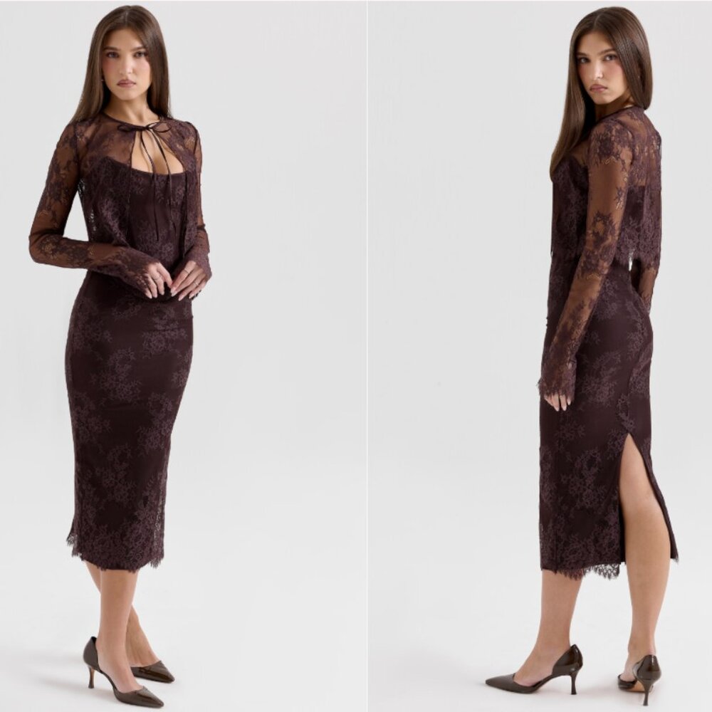 HOUSE OF CB 'Larra' Bitter Chocolate Lace Corset Midi Dress & Bolero NWOT - Picture 2 of 12